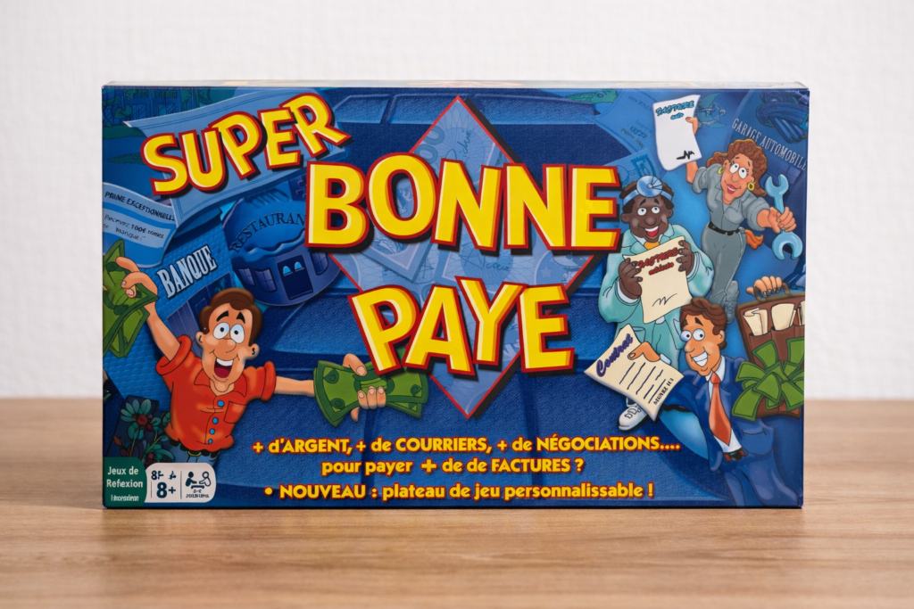 Boîte du jeu La Bonne Paye posée sur une table, jeu de société familial sur la gestion de l’argent et du budget.